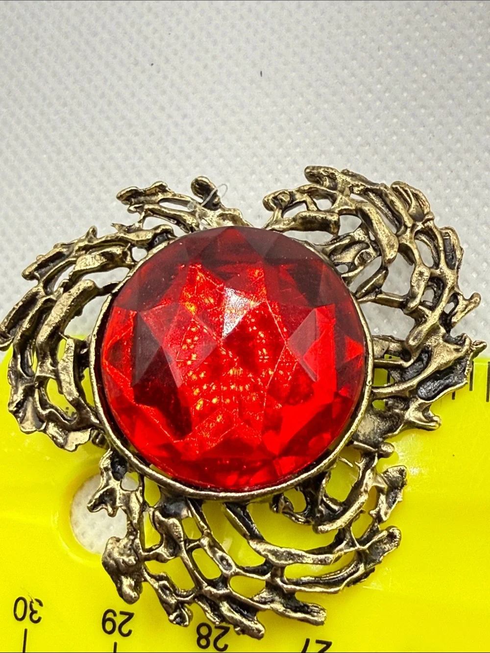 Faceted Antique-Style Red Stone Brooch in Aged Gold Tone metal brutalist dome